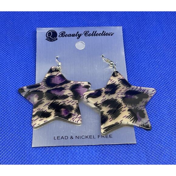 Silver Tone Cheetah Print Star Earrings Chic Style Fashion Trendy Animal Print - Picture 7 of 7